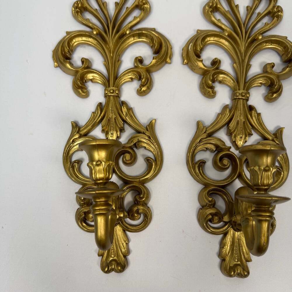 Vintage Burwood Hollywood Regency Gold Wall Sconce Candle Holders Set of 2 - Picture 2 of 8